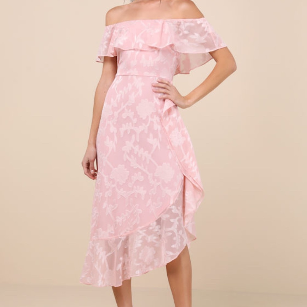 Lulus Pretty Perfect Blush Burnout Floral Off-the-shoulder Midi Dress Pink - Picture 1 of 1